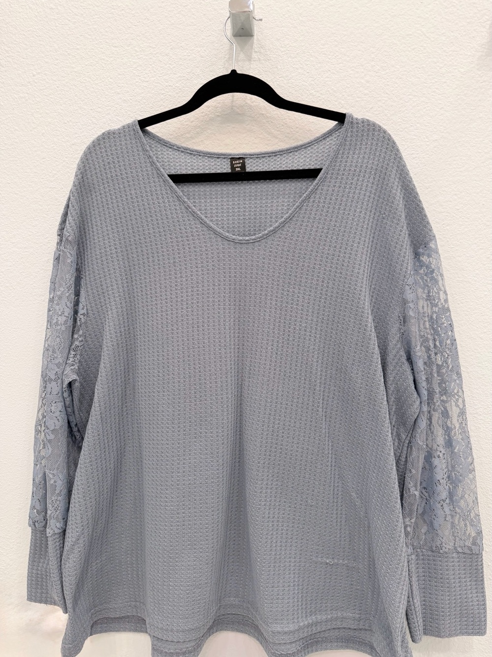 SHEIN Curve 3XL Blue Gray Waffle Knit Lace Sleeve Plus Size Top